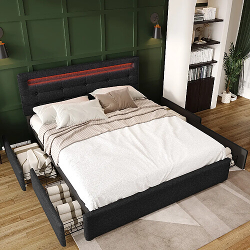 OKWISH Lit avec rangement 140x200 cm - Lit déco LED - Noir