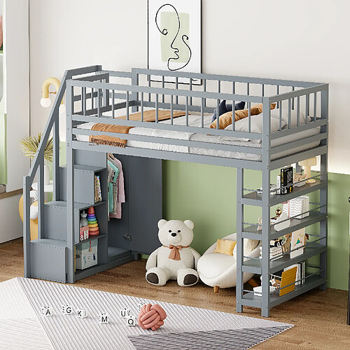 Lit Mezzanine Enfant/ado 140x200 Cm Avec Escalier Rangement - Bois Massif - Version Haute Avec Barrière De Sécurité