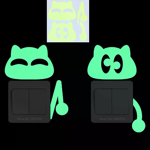 Autocollant chat phosphorescent pour chambre d'enfant, décoration murale, dessin animé, pour téléphone, voiture, salle de bain, toilettes~00577