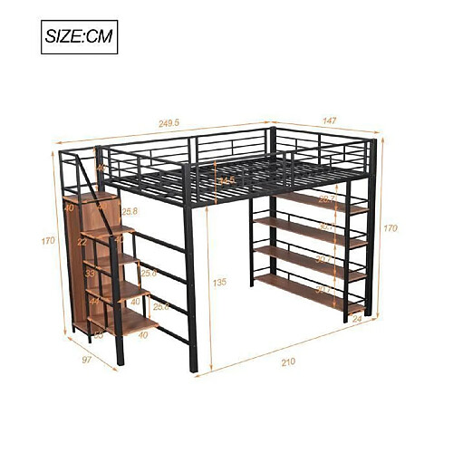 DZMDIP Lit Mezzanine - 140x200cm - Noir - Escalier de rangement - 2 places