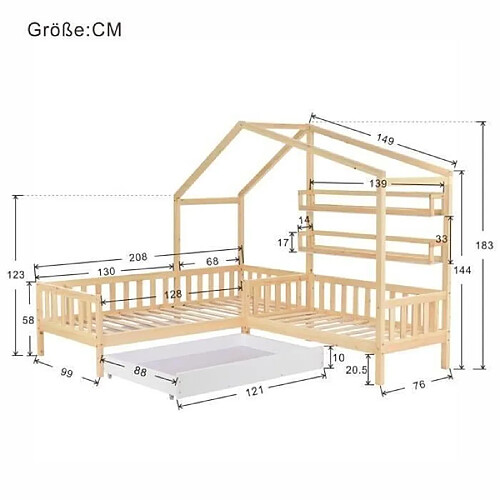 DZMDIP Lit cabane enfant en bois massif de pin avec tiroir et étagères - 90x200 cm + 140x70 cm - Naturel