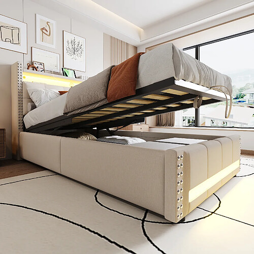 OKWISH Lit Coffre 90x200 cm Lit avec tiroirs - Beige