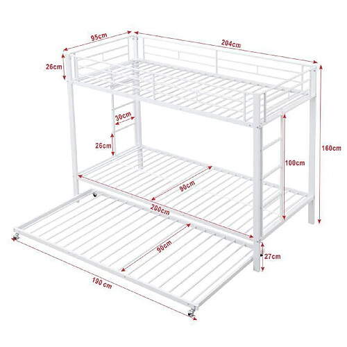 DZMDIP Lit Superposé Enfant 90x200 cm Cadre de Lit en Fer avec Lit Gigogne, Blanc