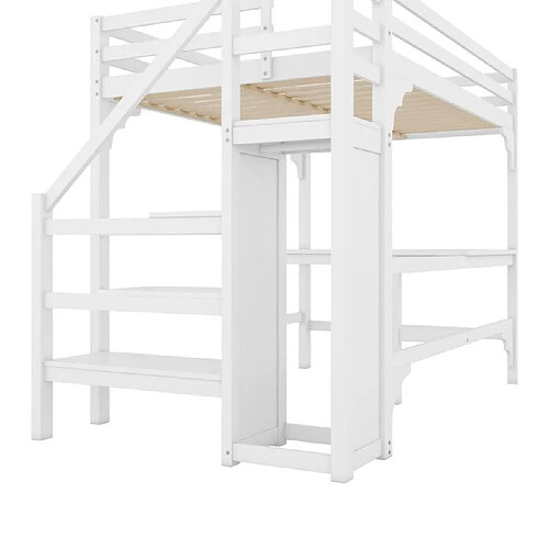 DZMDIP Lit Mezzanine 140x200 cm Style Minimaliste-Bureau en L Intégré,Armoire Ouverte et Structure en Pin Épuré pour enfant adulte-Blanc