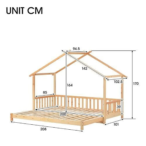 DZMDIP Lit cabane enfant 90x200cm - extensible - Certifié EN747 - Lit simple et double - Bois massif - Couleur naturel