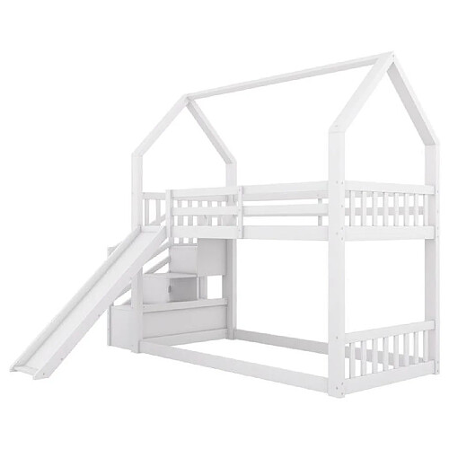 DZMDIP Lit superposé - LITS SUPERPOSES 03 - 90x200cm avec escalier de rangement et toboggan - Blanc - 2 places