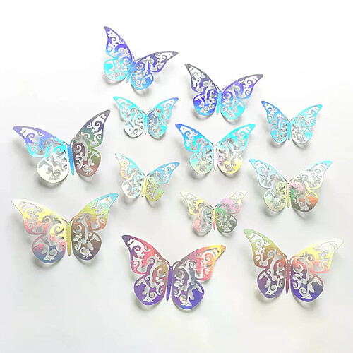 12 autocollants muraux 3D stéréo colorés en forme de papillon argenté, pour mariage, festival, fête, ballon, décoration de salon~00579