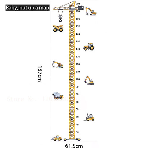 Autocollants de grue à tour pour véhicule de construction pour chambre d'enfant, chambre d'enfant, bébé, mesure, autocollant mural avec règle, cadeau pour garçons~00426