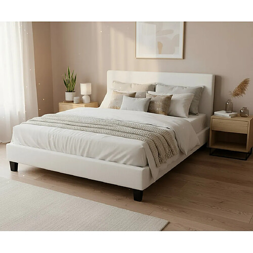 Homy France Lit 2 places MELBOURNE simili cuir BLANC 160x200 cm avec sommier intégré