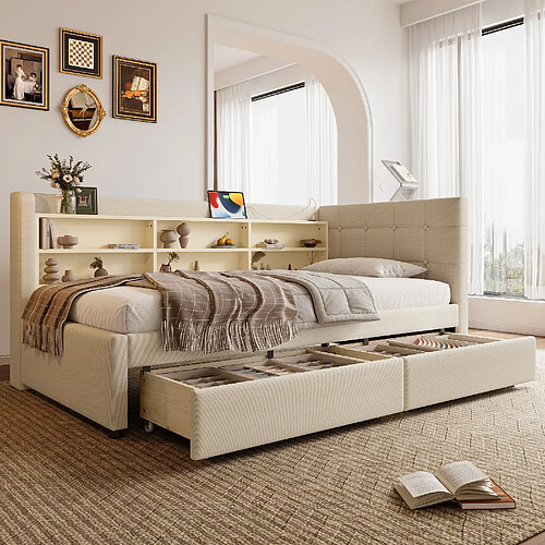 OKWISH Lit Banquette 90x200 cm - Tiroirs - Beige