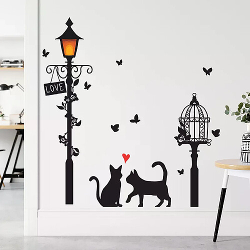 Autocollant mural de lampadaire de dessin animé avec fond d'entrée de salon de chat Décoration de la maison Décoration de chambre Autocollant mural Papier peint~01916