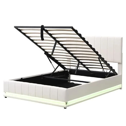 DZMDIP Lit double 140 x 200 cm avec led, sommier à lattes métalliques et coffre de lit, lit coffre avec tête rembourrée réglable en hauteur