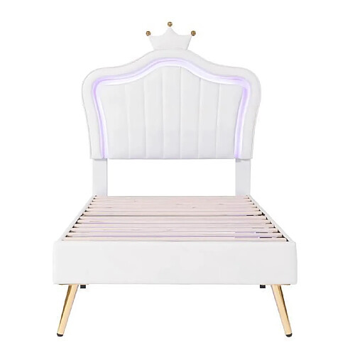 DZMDIP Lit enfant 90x200 cm 1 personne Cuir PU avec lumières LED, sommier à lattes et dossier rembourré (matelas non inclus), blanc