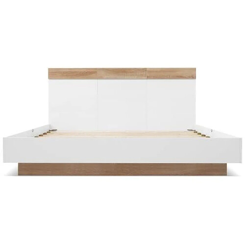 DZMDIP Lit double 160 x 200 cm avec tête de lit en cadre de lit et sommier à lattes, lit adulte en bois lit suspendu, blanc+oak