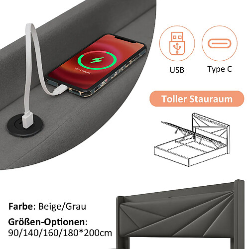 DZMDIP Lit coffre simple 90x200, lit capitonné avec chargement usb et type c,sommier à lattes, tissu en lin, gris(sans matelas)