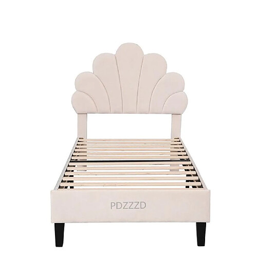 DZMDIP Lit simple scandinave 90x200 cm lit rembourré avec tête de lit en forme de fleur et sommier à lattes, en velours, beige