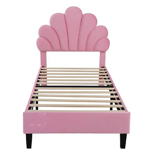 DZMDIP Lit enfant 90 x 200cm tête de lit en forme de fleur lit 1 personne sommier à lattes tissu velours doux pour la peau lit simple,rose