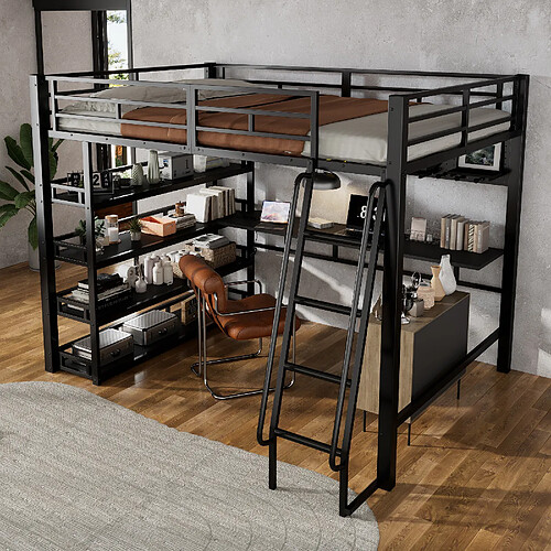 OKWISH Lit Mezzanine 140x200 cm - Lit mezzanine rangement - Noir