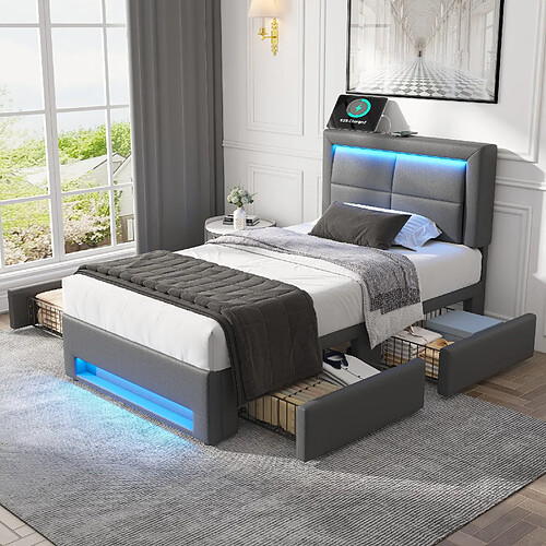 OKWISH Lit Coffre 90x190 cm - Sommier et Rangement - Gris