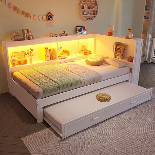 OKWISH Lit Gigogne 90x200 cm Ports USB - Blanc