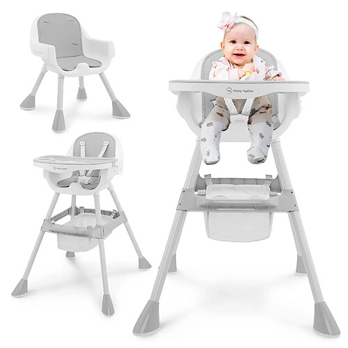 Moby System Chaise Haute Bébé Réglable 2en1 - Magnolia - Gris - Plateau Double - Coussin Similicuir
