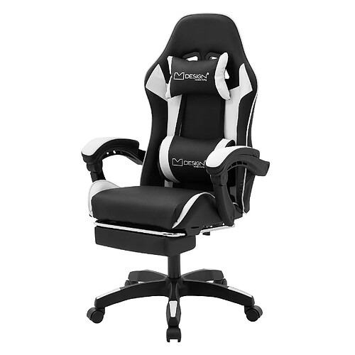 ML-Design Chaise gaming noir blanc PU avec repose-pieds dossier inclinable rotation à 360°