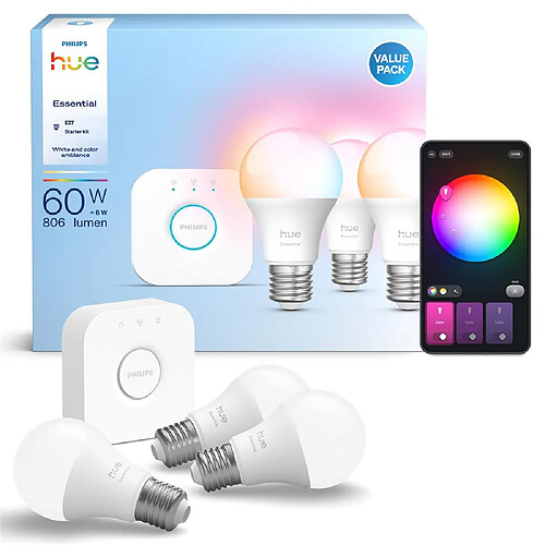 Philips Hue Essential Kit de démarrage 3 ampoules E27 White & Color Ambiance