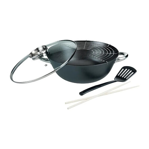 GSW Wok Multifonction - Fonte - 32 cm - Compatible avec Tous les Feux, y compris Induction 5-piece