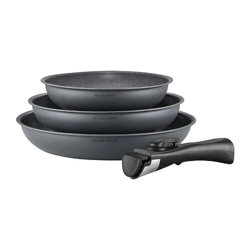 Batterie de cuisine ARTHUR MARTIN AM521GM Set de 3 poeles - Gris Mat 20-24-28 cm + 1 poignée amovible - Tous feux dont inductio