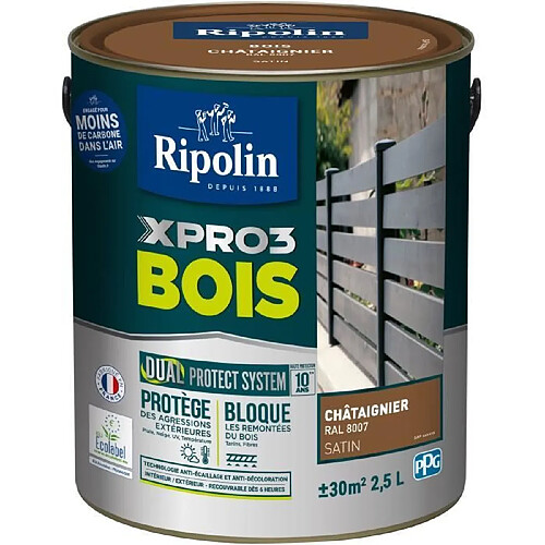 RIPOLIN Peinture Bois 2.5 L Châtaignier Satin - SYSTÈME DUAL PROTECT