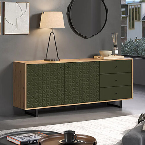 Mes Buffet 2 portes 3 tiroirs décor chêne et vert - RYA