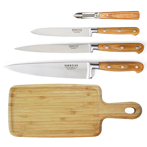 Sabatier Trompette Essentiel - Planche à découper, 3 couteaux de cuisine et 1 éplucheur