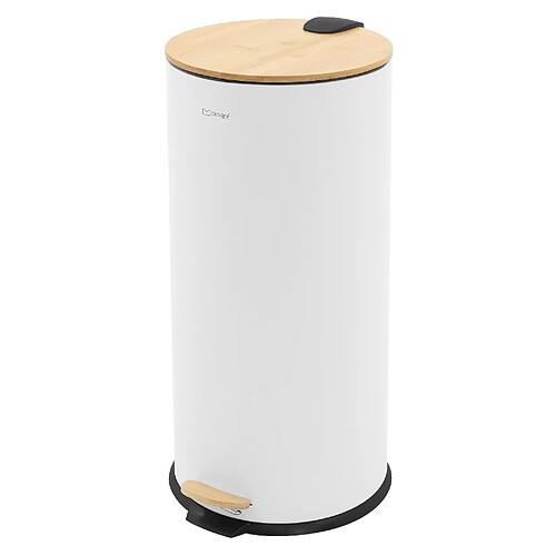 ML-Design Poubelle à pédale 30L blanche en acier couvercle de bambou fermeture silencieuse