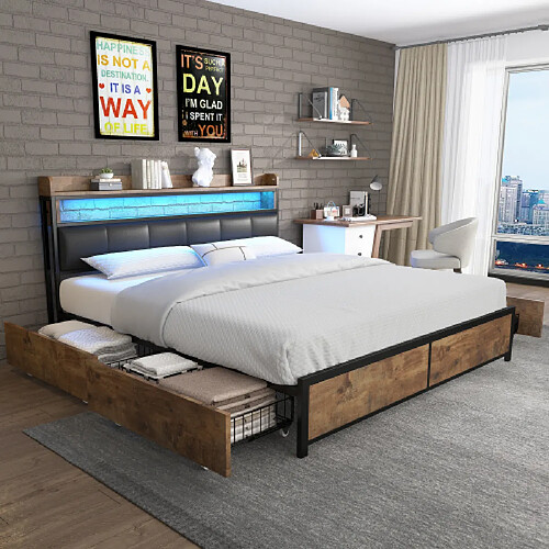 modfu Lit adulte 140x200 cm avec 4 tiroirs, sommier à lattes, tête de lit et LED, en similicuir,noir