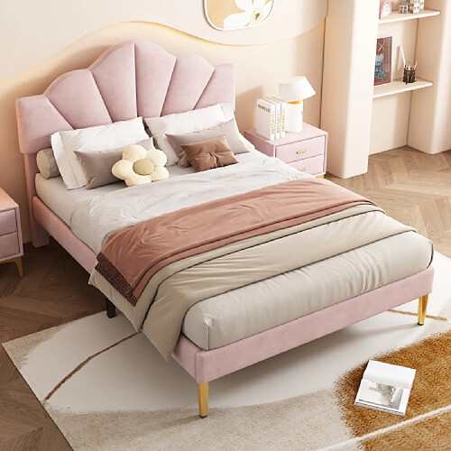 modfu Lit adulte 140x190 cm, tête de lit réglable, lattes, en velours, rose