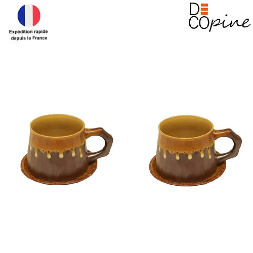 Lot de 2 tasses à café 300 ml avec soucoupe – céramique artisanale wabi-sabi – marron – Decopine