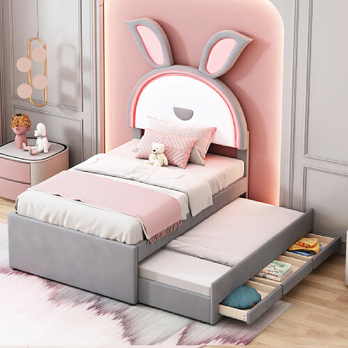 modfu Lit gigogne 90x200 cm avec tiroir et lumière LED, en velours, gris
