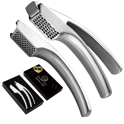 Gourmet Easy Set Presse ail en acier inoxydable avec 2 accessoires | Pour pâte d'ail grossière & fine (pas besoin d’éplucher)