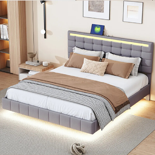 modfu Lit adulte 160x200 cm, flottant, LED, tête de lit, en lin, gris