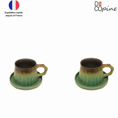 Tasses à café en grès vert 330 ml avec soucoupe – Lot de 2 | Decopine