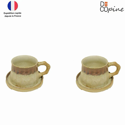 Decopine Lot de 2 tasses à café en grès 330 ml avec soucoupe – style Wabi-Sabi – Blanc