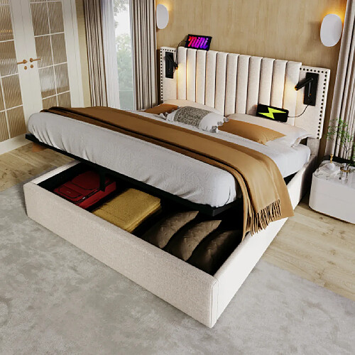 modfu Lit coffre 180x200 cm avec lampe, tête de lit, dossier et sommier à lattes, en coton, beige