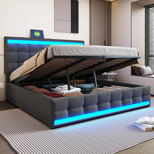 modfu Lit coffre 180x200 cm avec port USB et LED, en lin, gris