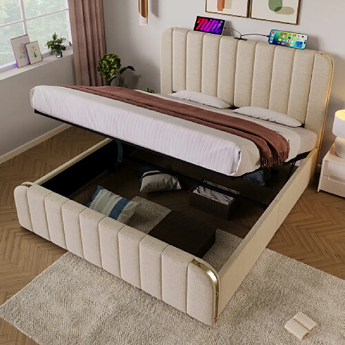 modfu Lit coffre 140x200 cm avec tête de lit et USB Type-C, en lin, beige