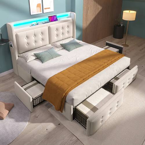 modfu Lit adulte 180x200 cm avec tête de lit LED, USB C, 4 tiroirs et sommier à lattes, en coton, beige