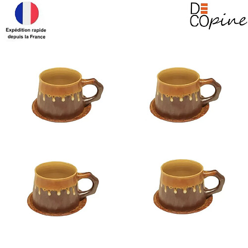 Set de 4 Tasses à Café avec Soucoupes – 300 ml – Marron – Style Wabi-Sabi – Fait Main – Decopine