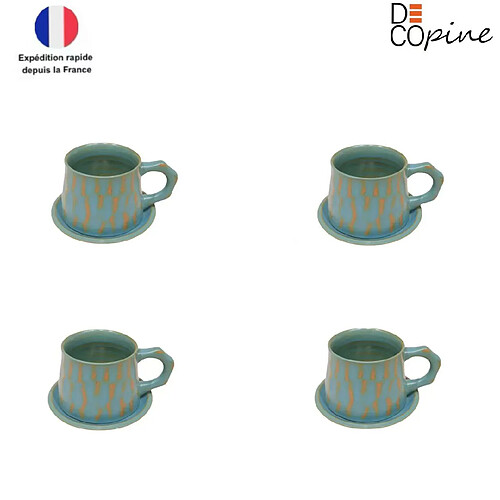 Set de 4 tasses à café 300 ml avec soucoupes – Céramique bleue artisanale – Style Wabi-Sabi – Decopine