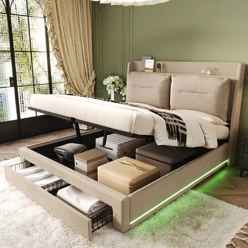 modfu Lit coffre 180x200 cm avec tiroirs, LED et sommier à lattes, en velours, beige