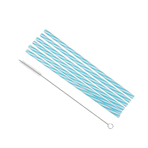 Paris Prix Lot de 6 Pailles & Brosse Réutilisables 23cm Bleu