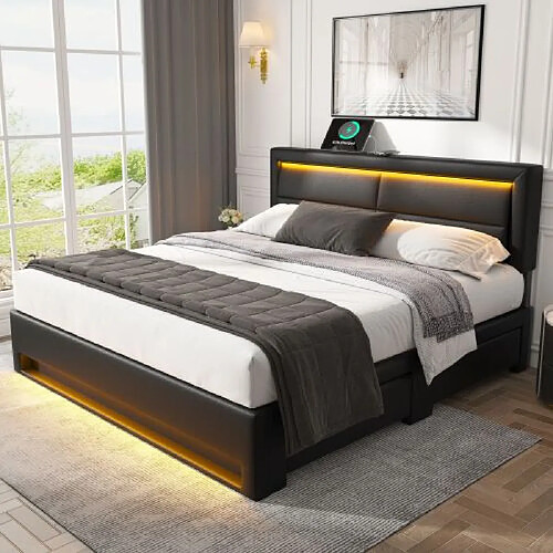 modfu Lit adulte 140x200 cm avec USB, LED et 4 tiroirs, en similicuir, noir
